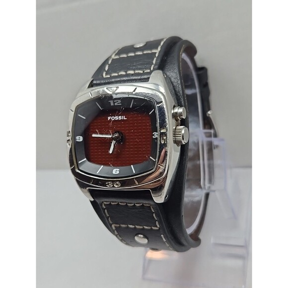 Fossil Kaleido Big Tic AM3696 Mens Watch Black Red Dial Cuff Leather New Battery - Picture 2 of 11
